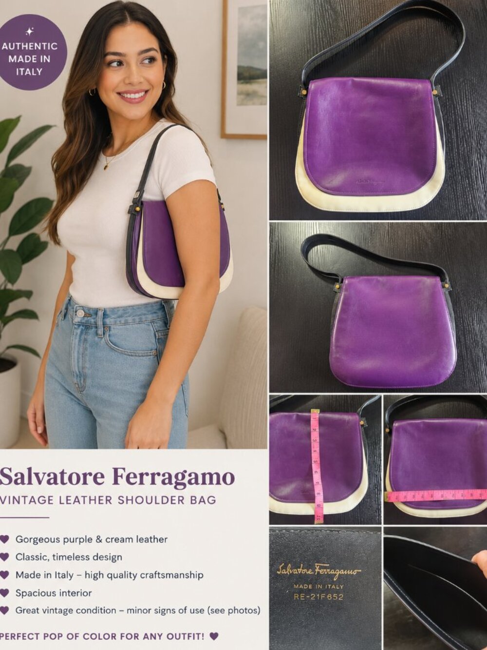 Salvatore Ferragamo Vintage Leather Shoulder Bag – Purple Black & Cream